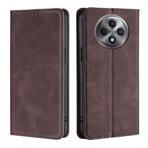 

For OPPO Reno12 F 5G Skin Feel Magnetic Leather Phone Case(Dark Brown)