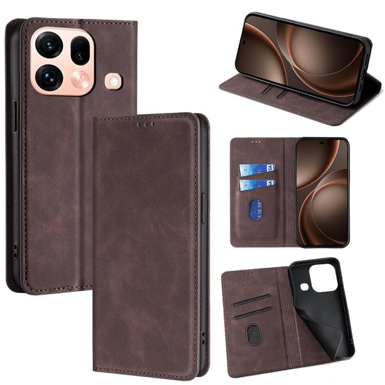 For OPPO Find X9s Pro 5G Skin Feel Magnetic Leather Phone Case(Dark Brown)