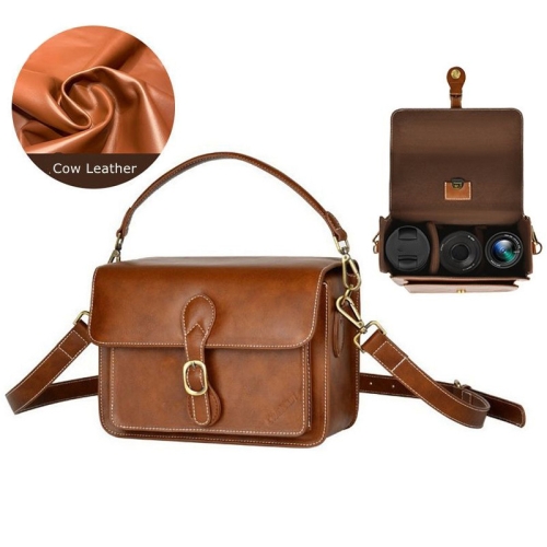 

Cwatcun D80 Retro Leather Camera Shoulder Bag, Size:25.5 x 18.5 x 12.5cm Cow Leather Medium(Brown)