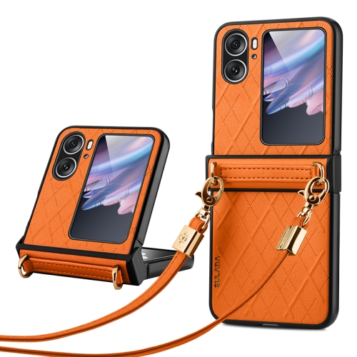 

For OPPO Find N2 Flip SULADA Elegant Rhombic Texture Folding Phone Case with Lanyard(Orange)