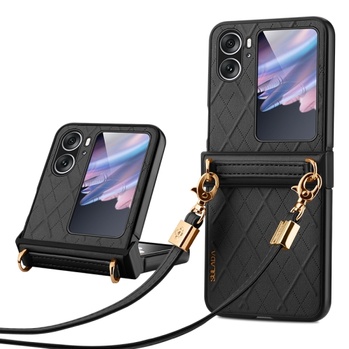 

For OPPO Find N2 Flip SULADA Elegant Rhombic Texture Folding Phone Case with Lanyard(Black)