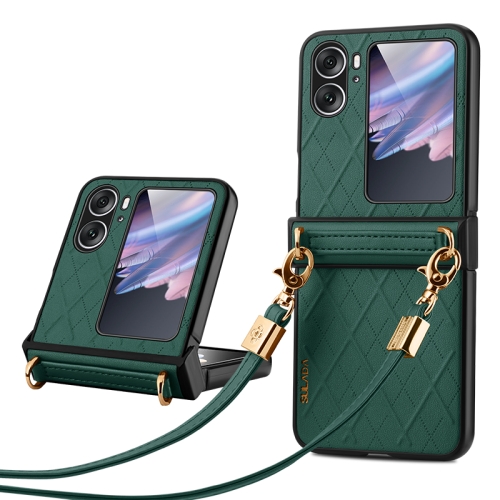 

For OPPO Find N2 Flip SULADA Elegant Rhombic Texture Folding Phone Case with Lanyard(Green)