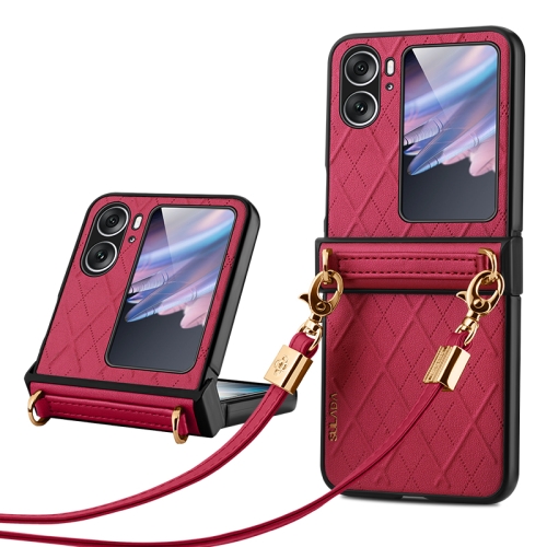 

For OPPO Find N2 Flip SULADA Elegant Rhombic Texture Folding Phone Case with Lanyard(Red)