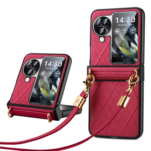 

For OPPO Find N3 Flip SULADA Elegant Rhombic Texture Folding Phone Case with Lanyard(Red)