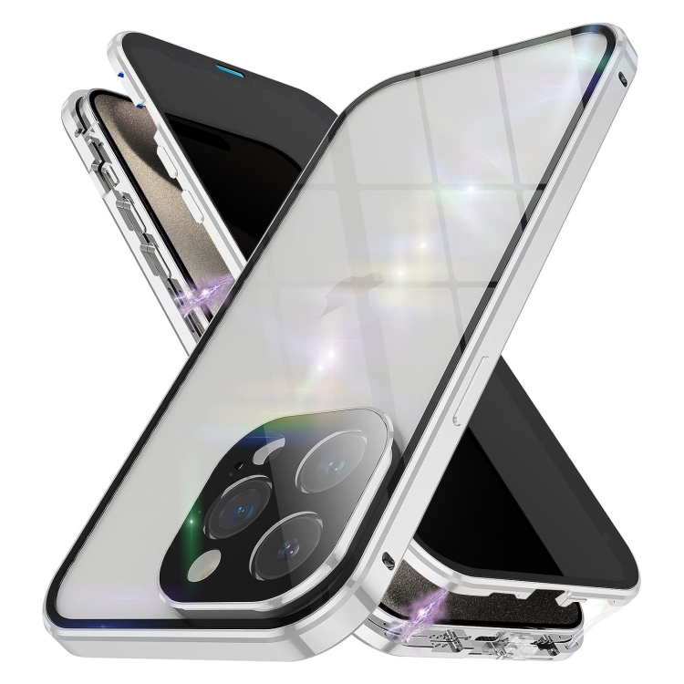 

For iPhone 15 Pro Max Anti-peeping Magnetic Double-sided Tempered Glass Phone Case(Silver)