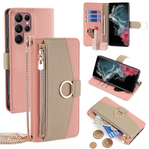 

For Samsung Galaxy S22 Ultra 5G Crossbody Litchi Texture Leather Phone Case(Pink)