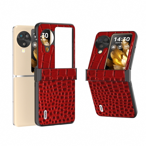 

For OPPO Find N3 Flip ABEEL Hinge Genuine Leather Crocodile Pattern Black Edge Phone Case(Red)