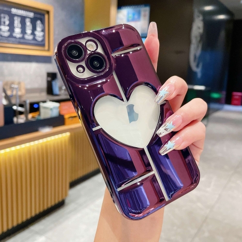 

For iPhone 15 Electroplating 3D Hollow Love TPU Phone Case(Purple)