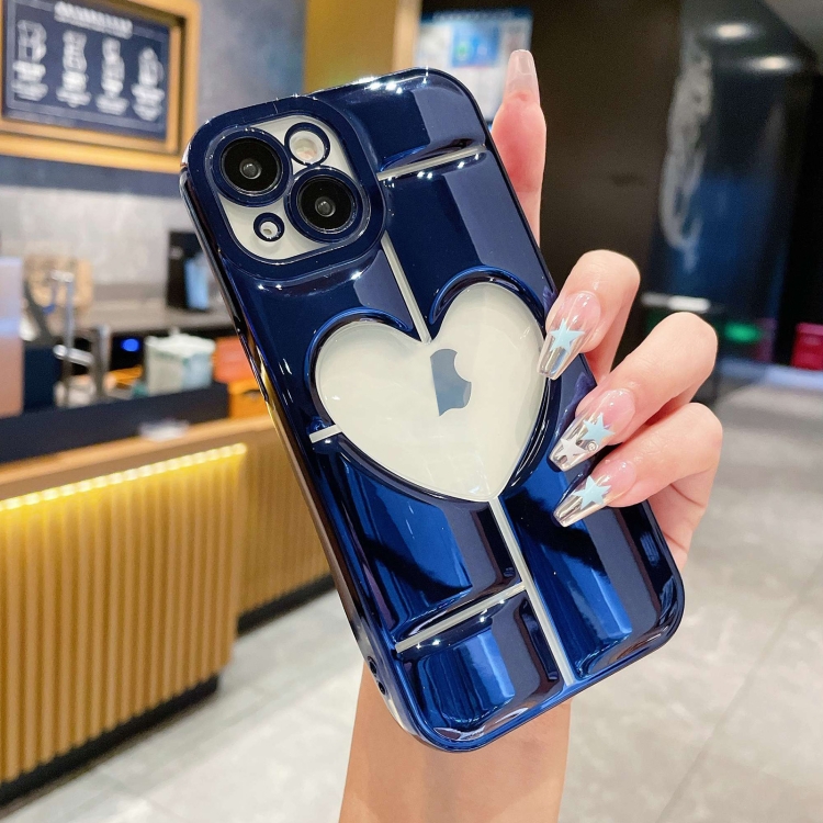 

For iPhone 15 Electroplating 3D Hollow Love TPU Phone Case(Dark Blue)