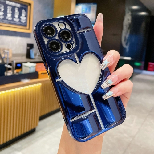 

For iPhone 14 Pro Max Electroplating 3D Hollow Love TPU Phone Case(Dark Blue)