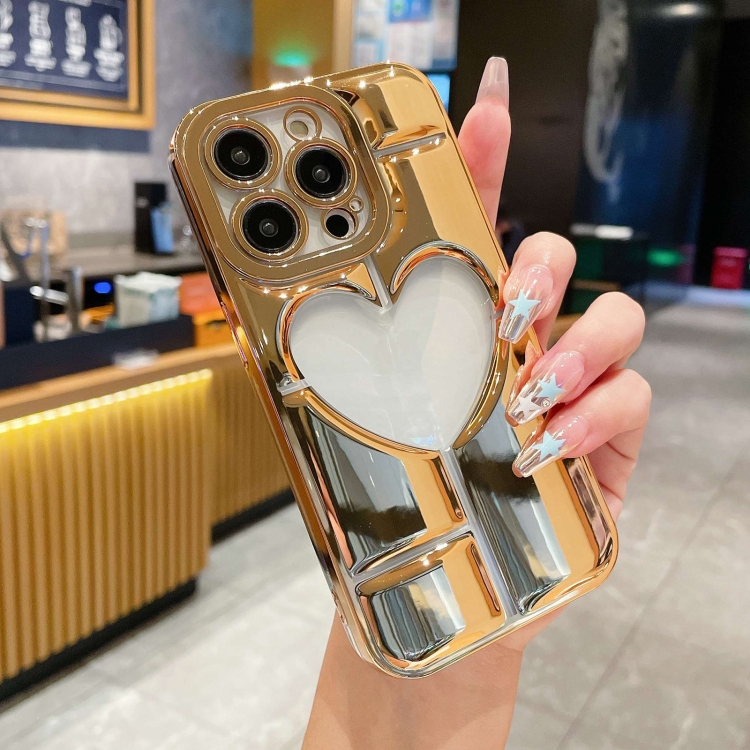 

For iPhone 13 Pro Max Electroplating 3D Hollow Love TPU Phone Case(Gold)