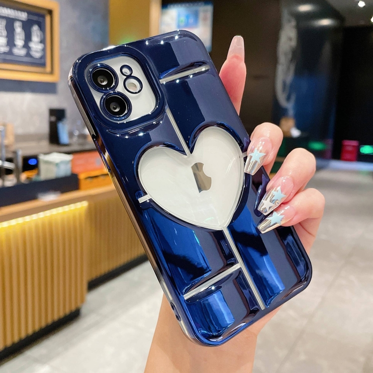 

For iPhone 12 Electroplating 3D Hollow Love TPU Phone Case(Dark Blue)