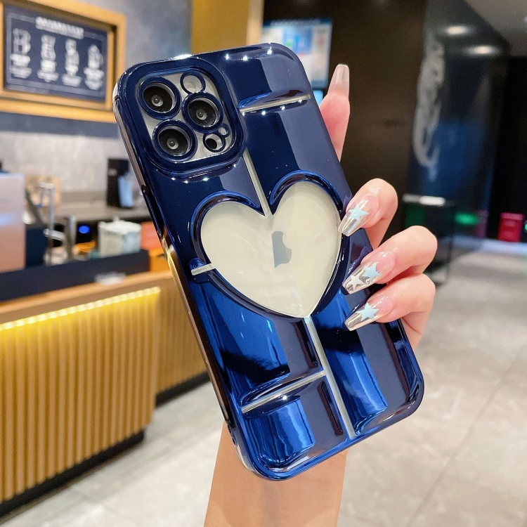 

For iPhone 12 Pro Max Electroplating 3D Hollow Love TPU Phone Case(Dark Blue)