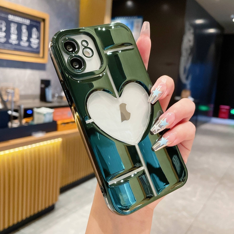 

For iPhone 11 Electroplating 3D Hollow Love TPU Phone Case(Dark Green)