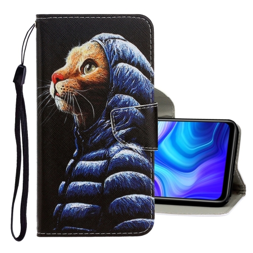 

For Xiaomi Redmi 9A 3D Colored Drawing Horizontal Flip PU Leather Case with Holder & Card Slots & Wallet(Down Jacket Cat)