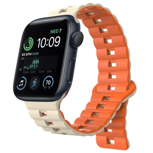 

For Apple Watch SE 2022 44mm Reverse Buckle Two Color Magnetic Silicone Watch Band(Starlight+Orange)