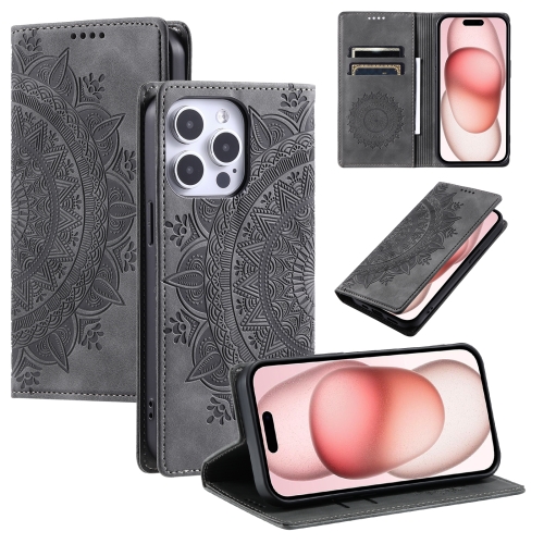 

For iPhone 15 Pro Totem Embossed Magnetic Leather Phone Case(Grey)