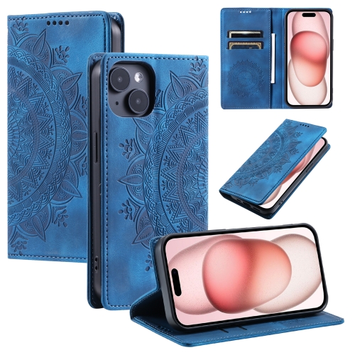 

For iPhone 15 Plus Totem Embossed Magnetic Leather Phone Case(Blue)