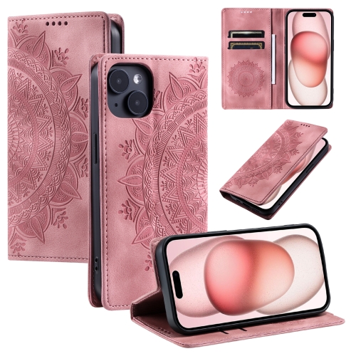 

For iPhone 15 Plus Totem Embossed Magnetic Leather Phone Case(Rose Gold)