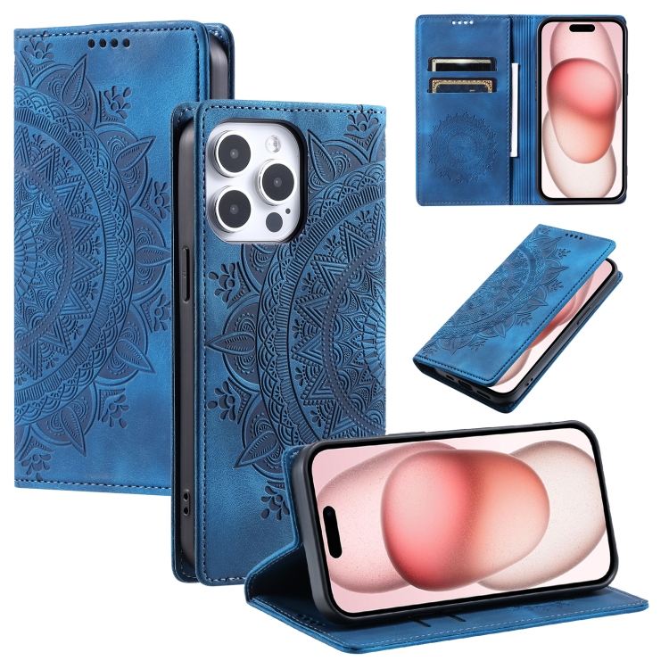 

For iPhone 14 Pro Max Totem Embossed Magnetic Leather Phone Case(Blue)