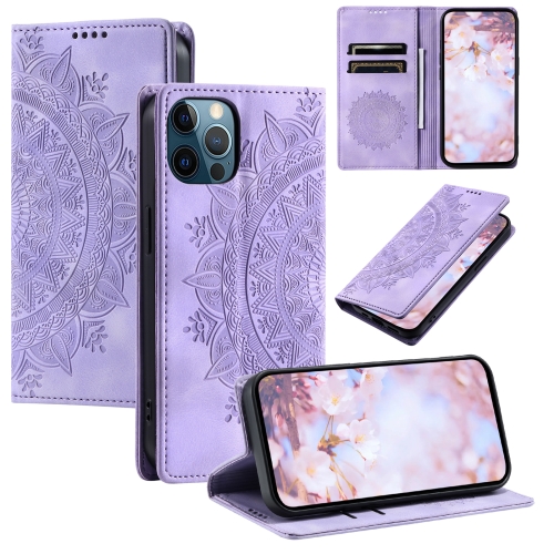 

For iPhone 12 Pro Max Totem Embossed Magnetic Leather Phone Case(Purple)