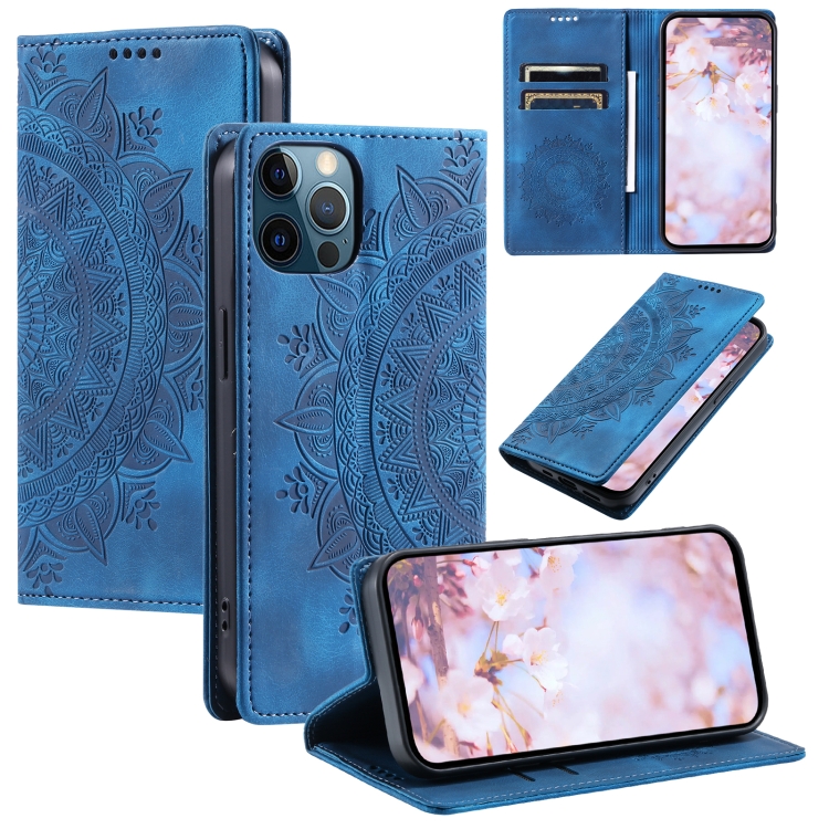 

For iPhone 12 / 12 Pro Totem Embossed Magnetic Leather Phone Case(Blue)