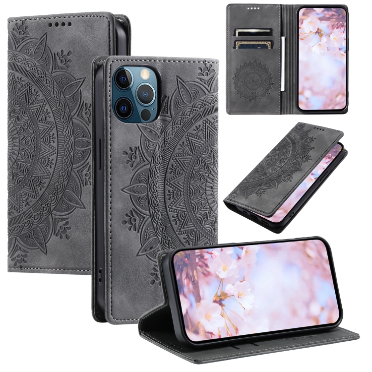 

For iPhone 12 / 12 Pro Totem Embossed Magnetic Leather Phone Case(Grey)