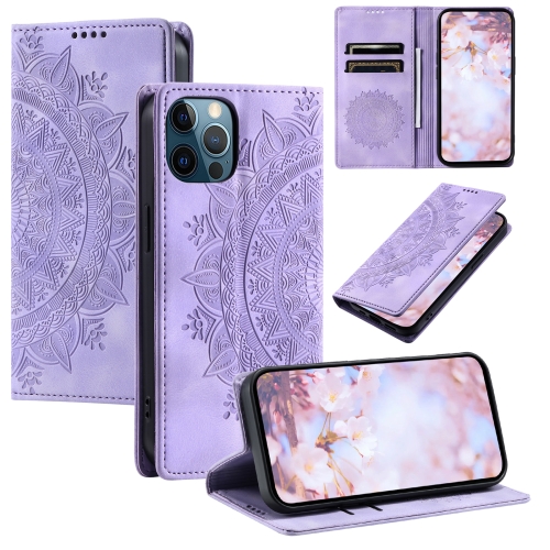 

For iPhone 12 / 12 Pro Totem Embossed Magnetic Leather Phone Case(Purple)