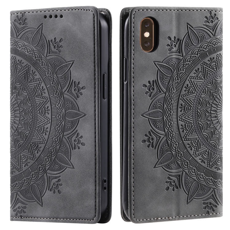 

For iPhone XS / S Totem Embossed Magnetic Leather Phone Case(Grey)