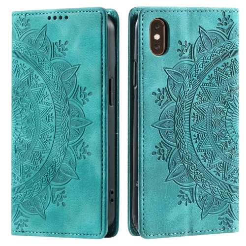 For iPhone XS / S Totem Embossed Magnetic Leather Phone Case(Green) for iphone 15 pro butterfly love flower embossed leather phone case light purple