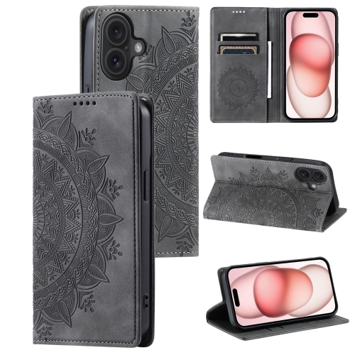 

For iPhone 16 Totem Embossed Magnetic Leather Phone Case(Grey)