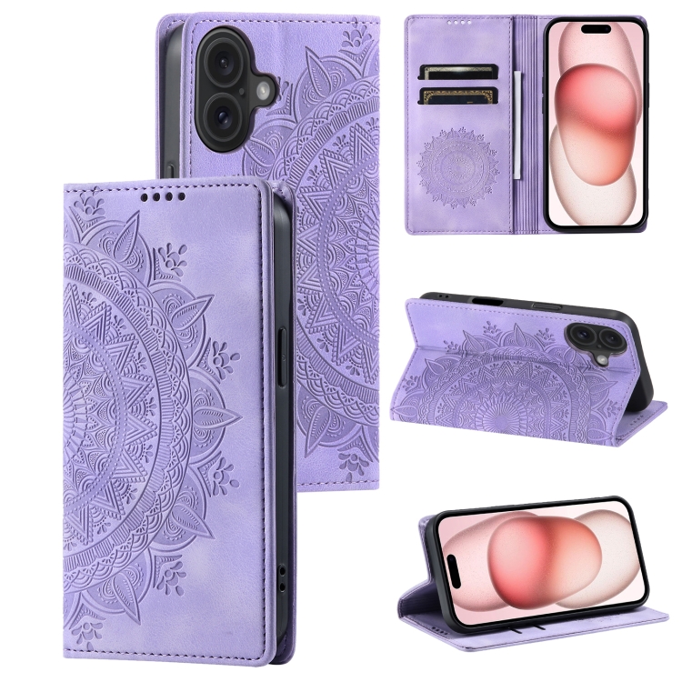 

For iPhone 16 Totem Embossed Magnetic Leather Phone Case(Purple)