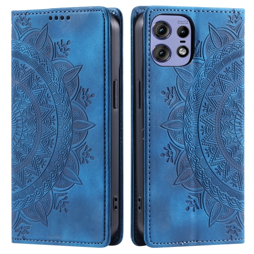 For Motorola Edge 50 Pro Totem Embossed Magnetic Leather Phone Case(Blue) for motorola moto g84 5g colored drawing pattern leather phone case plum blossom