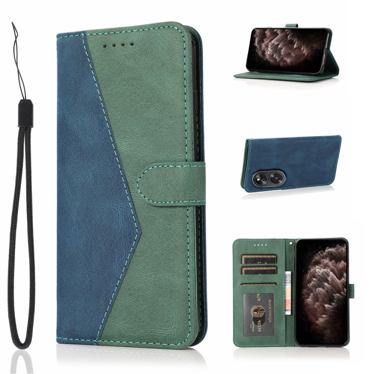 

For OPPO A18 Dual-color Stitching Leather Phone Case(Blue Green)