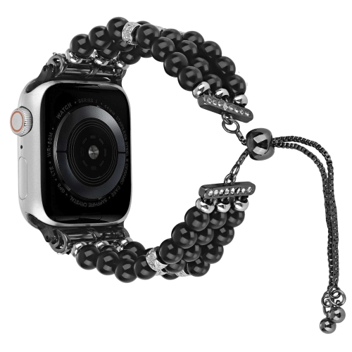 

For Apple Watch SE 2023 44mm Beaded Pearl Retractable Chain Watch Band(Black)