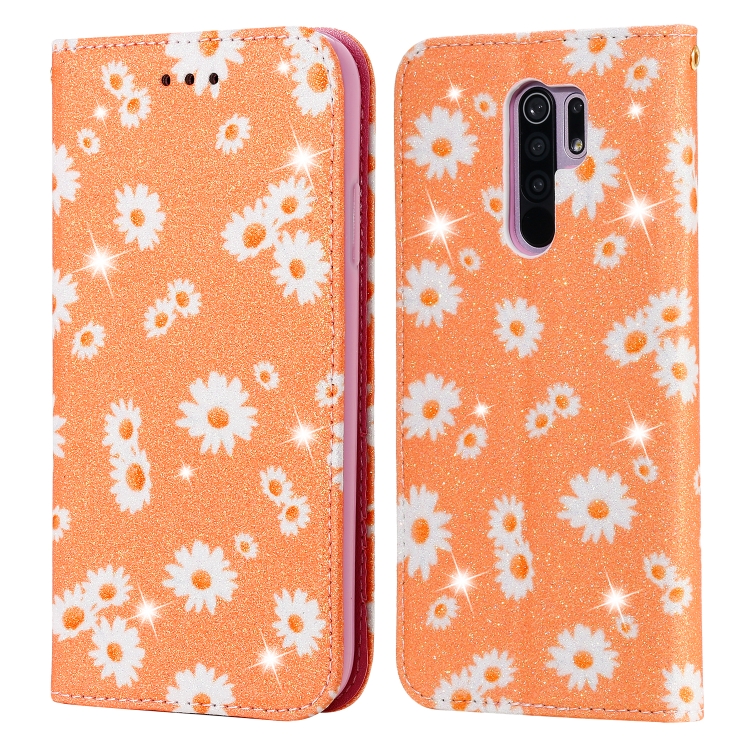 

For Xiaomi Redmi 9 Glittering Daisy Magnetic Horizontal Flip Leather Case with Holder & Card Slots & Photo Frame(Orange)