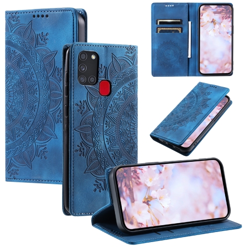 

For Samsung Galaxy A21s Totem Embossed Magnetic Leather Phone Case(Blue)
