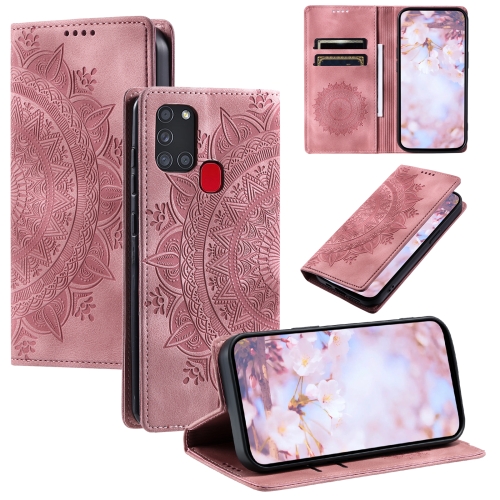 

For Samsung Galaxy A21s Totem Embossed Magnetic Leather Phone Case(Rose Gold)