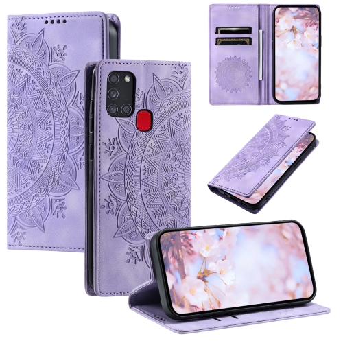 

For Samsung Galaxy A21s Totem Embossed Magnetic Leather Phone Case(Purple)