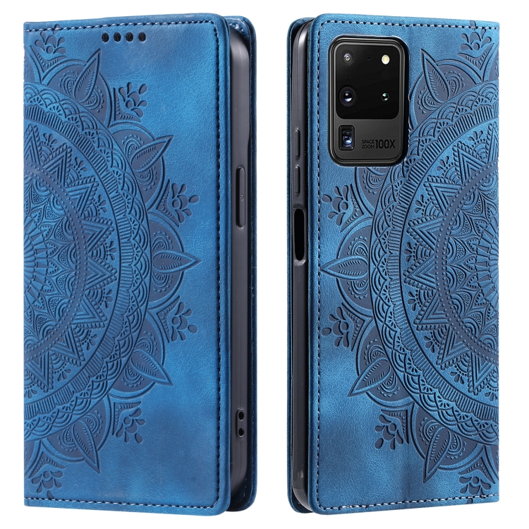 

For Samsung Galaxy S20 Ultra Totem Embossed Magnetic Leather Phone Case(Blue)
