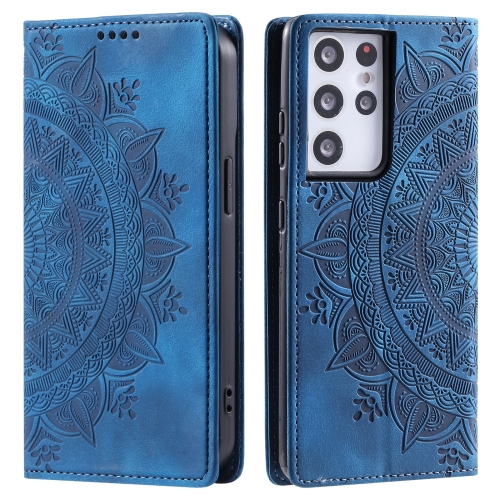 

For Samsung Galaxy S21 Ultra 5G Totem Embossed Magnetic Leather Phone Case(Blue)