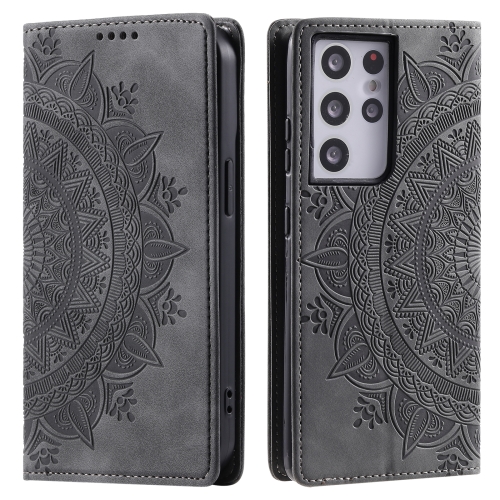 

For Samsung Galaxy S21 Ultra 5G Totem Embossed Magnetic Leather Phone Case(Grey)