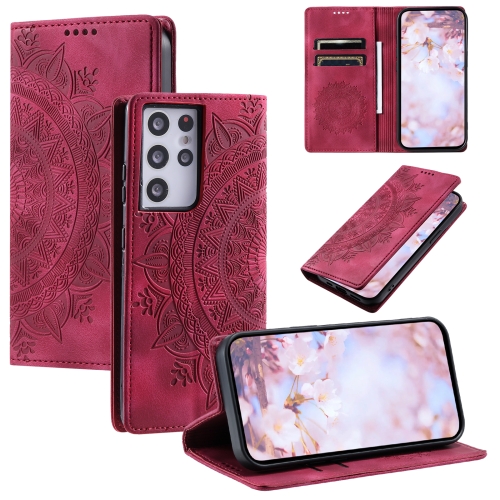 

For Samsung Galaxy S21 Ultra 5G Totem Embossed Magnetic Leather Phone Case(Red)