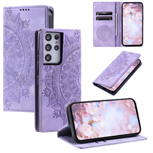 

For Samsung Galaxy S21 Ultra 5G Totem Embossed Magnetic Leather Phone Case(Purple)