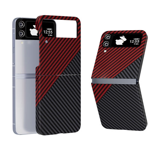 

For Samsung Galaxy Z Flip4 All-inclusive Decal Carbon Fiber Texture Protective Phone Case(Gray Red)