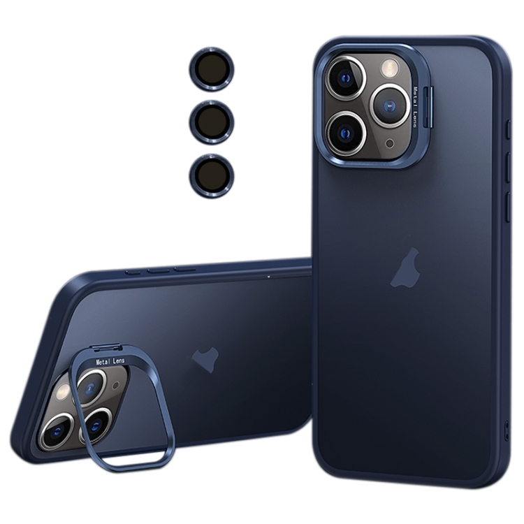 

For iPhone 11 Pro Max Lens Holder Frosted Phone Case(Blue)
