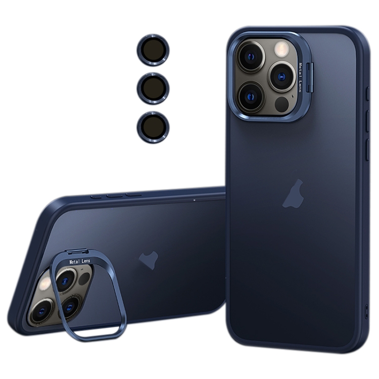 

For iPhone 12 Pro Lens Holder Frosted Phone Case(Blue)