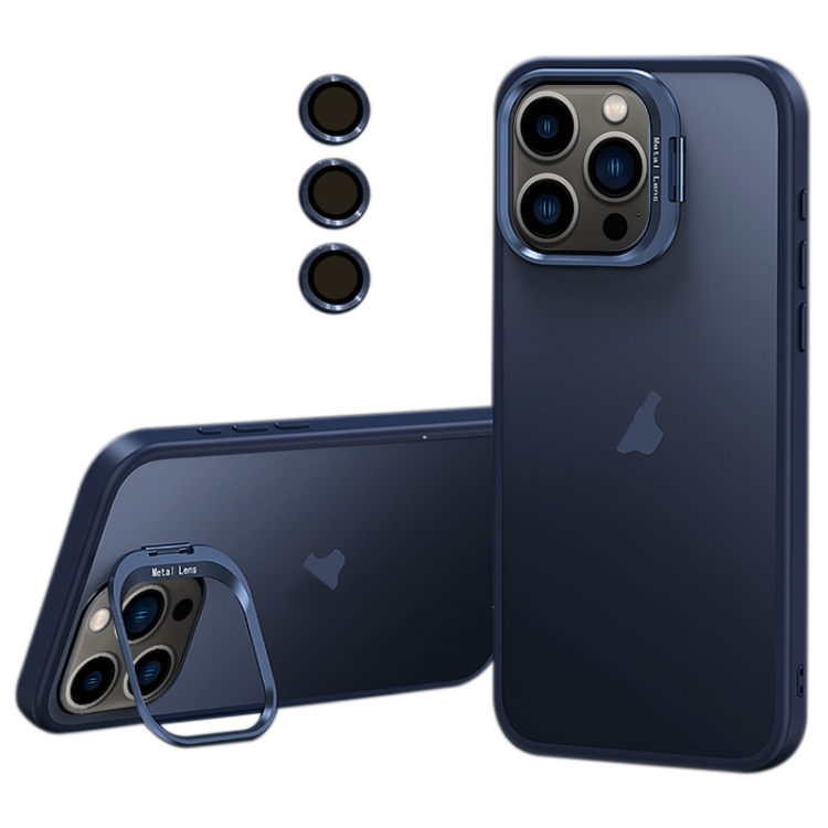 

For iPhone 13 Pro Max Lens Holder Frosted Phone Case(Blue)