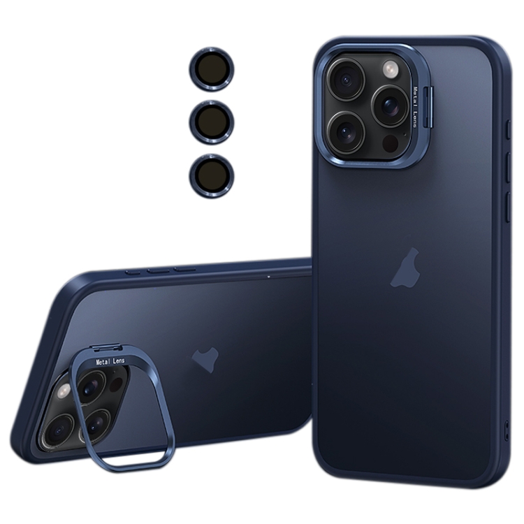 

For iPhone 14 Pro Lens Holder Frosted Phone Case(Blue)
