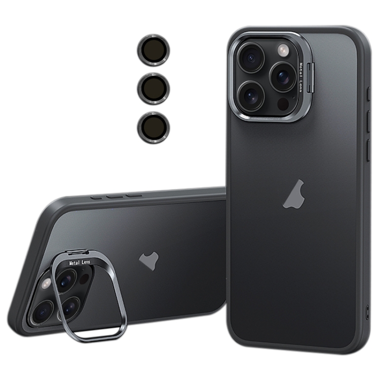 

For iPhone 15 Pro Max Lens Holder Frosted Phone Case(Grey)
